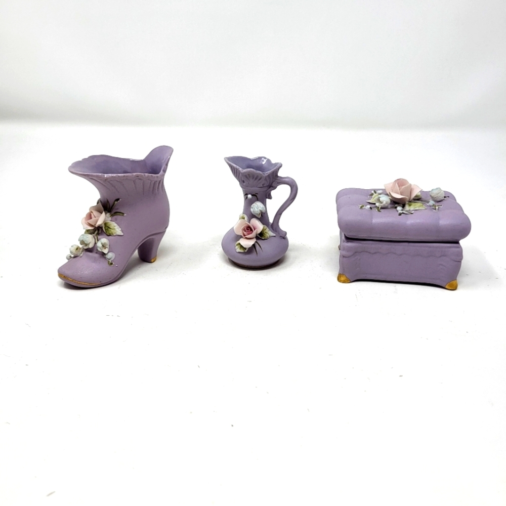 Lefton China Mini Porcelain Bisque China Applied Floral Shoe Vase Trinket Box